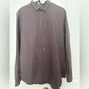 Zara Basic Slim Fit Button Up Shirt | Men’s Large | Gingham Burgundy Grey Cotton